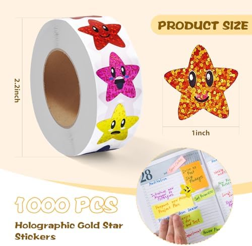 Gsinodrs 1000Pcs Foil Star Stickers, 8 Color Self-Adhesive Decals (1 inch)