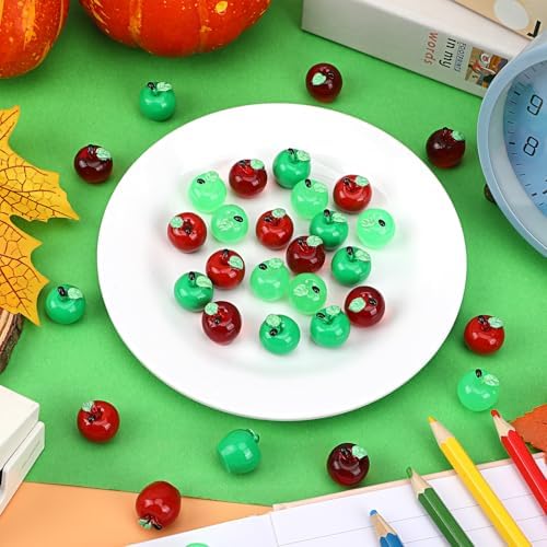 JUNEBRUSHS 50 Pcs Mini Resin Apples Red Green Tiny Apples Figurines