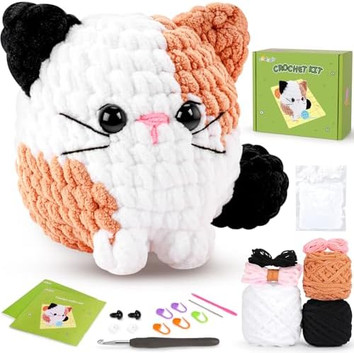 Cat Crochet Kit for Beginners-Calico Cat Crochet Kits for Adults Kids, Crochet Starter Kit with Step-by-Step Video Tutorials,Crochet Animal Kits Learn to Crochet Kits for Adults Kids