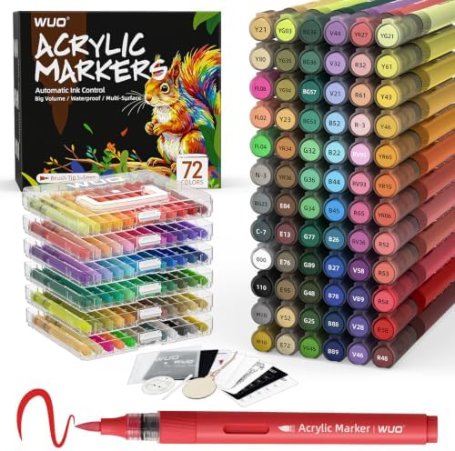 WUO 72 Colors Acrylic Paint Markers Brush Tip with Automatic Ink Control
