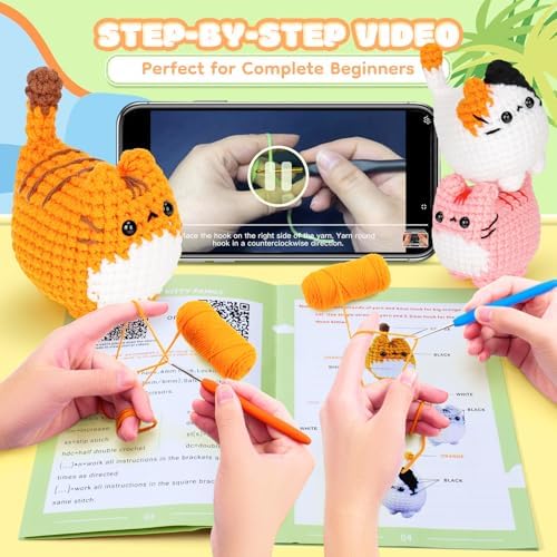 Crochet Kit for Beginners-4PCS Cat Crochet Kits for Adults, Teacher Appreciation Gifts, Crochet Starter Kit with Step-by-Step Video Tutorials, Crochet Animals Kits DIY Craft Kit Learn to Crochet Kits