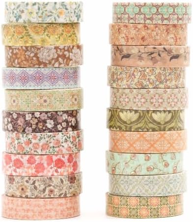 Autumn Botanical Washi Tape Set - 20 Rolls Fall Leaves Adhesive Tapes Arabesques Arts Decorative Masking Tape Sets for Craft, Kids, Scrapbook, DIY, Gift Wrapping (Cottage Mix)