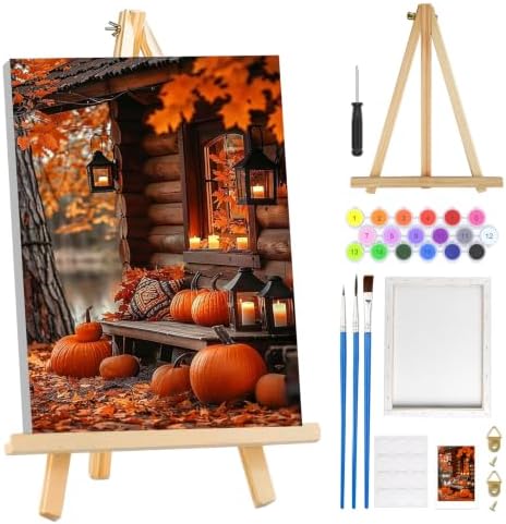 MOGTAA Fall Pumpkin Paint by Numbers Kit for Adults Beginners with Frame, Autumn Adult Paint by Number Kits on Canvas with Easel, Easy DIY Landscape Oil Painting Kits for Home Decor, 8x12in