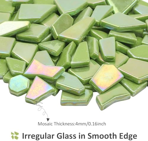 Youway Style Iridescent Glass Mosaic Tiles for Crafts Bulk,200g Green Broken Mosaic Glass Pieces for Garden Crafts Kits,DIY Mosaic Art Decor