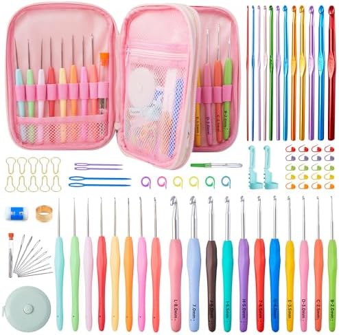 INSCRAFT 87 Pcs Crochet Hook Set, 19 Sizes 0.5mm-8mm(L), Ergonomic Soft Grip Handles Crochet Needles Kit with Case for Arthritic Hands, Crochet Starter Kit for Beginners Knitting Yarn Lovers