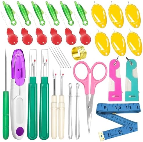 Lechchy 36 Pcs Sewing Tool, 2 Big+ 2 Small Seam Rippers, 20 Needle Threaders, 1 Small Sewing Scissors, 1 Thread Snips, 2 Drawstring Threaders, 1 Soft Tape Measure, 1 Awl Tool, 1 Thimble, and 5 Needles