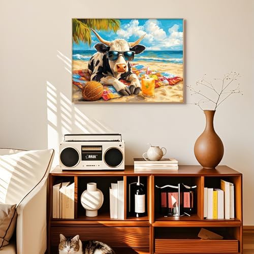 Diamond Art Kits for Adults, Beach Cow Diamond Painting Kit, 12 x 16 Inch