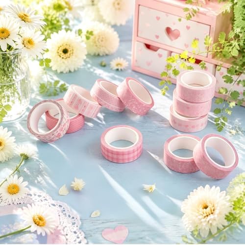 12 Rolls Floral Washi Tape Set, Pink Watercolor Flowers Design for for Journaling, Scrapbooking, DIY Craft, Planners, Gift Wrapping, Back to School Art Supplies