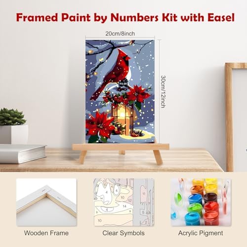 MOGTAA Christmas Paint by Numbers Kit for Adults Beginners with Frame, Christmas Cardinal Adult Paint by Number Kits on Canvas with Easel, Easy DIY Winter Oil Painting Kits for Home Decor, 8x12in