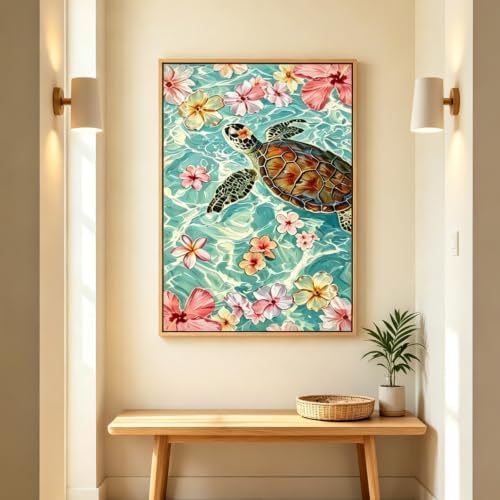 Diamond Art Kits for Adults, Ocean Turtle Flower 5D Diamond Painting Kit