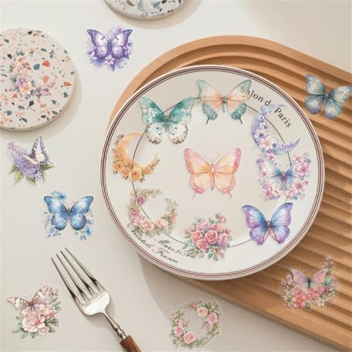 50 Butterfly Stickers, PET Waterproof Transparent Colorful Resin Decals Self-Adhesive Scrapbooking Stickers Supplies Journal Stuffers for Adult Card Making Letters DIY (Butterfly)