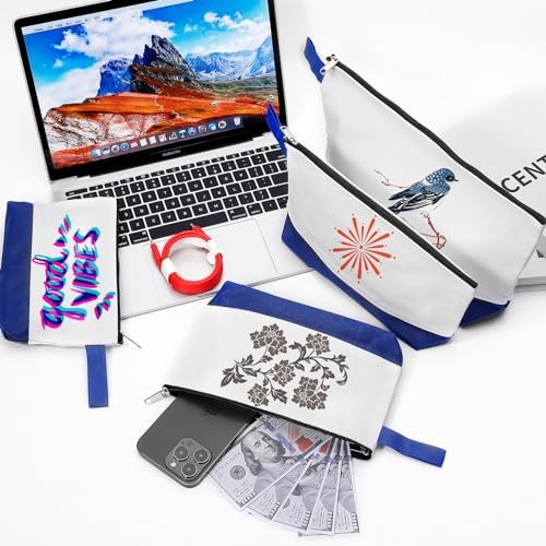 10 Pieces Cotton Canvas Makeup Bag with Bottom and Strap, Multi-Purpose Cosmetic Bag with Zipper Travel Toiletry Pouch, Blank DIY Craft Bag (White&Blue, S)