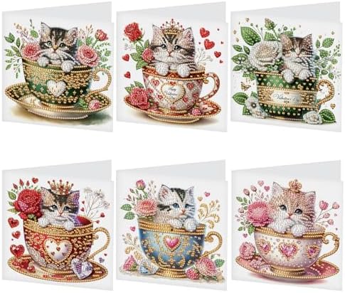 antor 6 Pack DIY Cat in Teacup Diamond Painting Greeting Cards with Envelopes – Cute Animal Rhinestone Art Craft Kit, Handmade Crystal Card Set, Diamond Art Kits for Adults