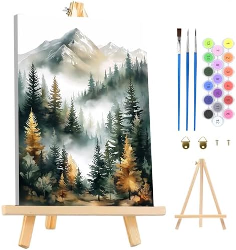 MAXBYE Forest Paint by Numbers Kit for Adults with Frame and Wooden Easel, Easy Painting Numbers Art Kits with Frame on Canvas, DIY Acrylic Painting Kit for Gift Home Wall Garden Decor 10×14 in