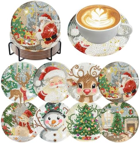 ijbnhd 8 Pcs Christmas Diamond Art Coasters 4x4 in with Holder