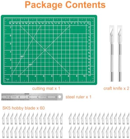 2PCS Craft Knife Hobby Knife with 60PCS Spare Exacto Knife Blades #11, Cutting Mat (A4), A Ruler, HEADLEY TOOLS Precision Exacto Knife Set Ideal for Crafting, Scrapbooking, Arts, DIY, Stencil, Carving