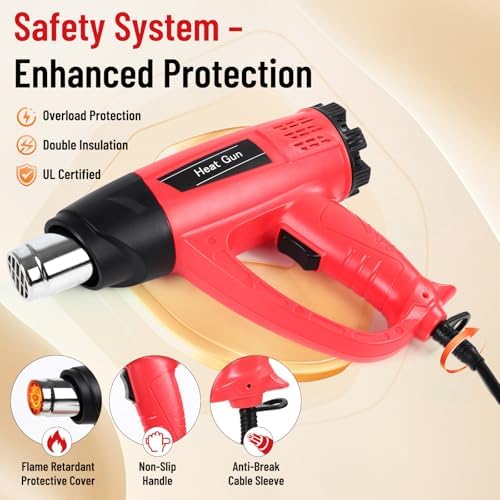 1800W Heat Gun for DIYers, Crafters & Electronics Repair – 140°F~1112°F Variable Temp, 1.5s Fast Heat, 5 Nozzles, 2 Scrapers, Overheat Protection, Hands-Free Stand | Shrink Tube, Resin, Vinyl Wrap
