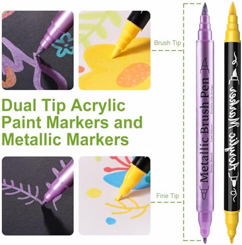 24 Metallic & 24 Acrylic Paint Markers Pens - Brush & Fine Dual Tip 48 Pack