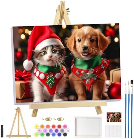 MOGTAA Christmas Paint by Numbers Kit for Adults Beginners with Frame, Cat and Dog Adult Paint by Number Kits on Canvas with Easel, Easy DIY Animal Oil Painting Kits for Home Decor, 8x12in