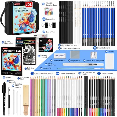 106 Pack Drawing Set Sketching Kit, Pro Art Supplies Sketch Pencils Set