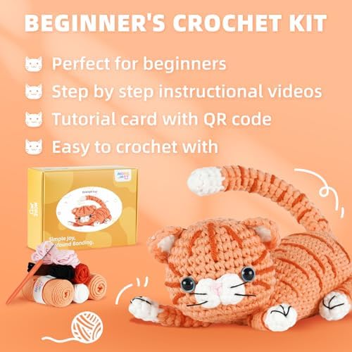 MOREJMTT Crochet kit for Beginners Adults, Learn to Crochet, Include Easy Knitting Soft Yarn, Step-by-Step Video Tutorial, Hook, Holiday Birthday Gift (Orange cat)