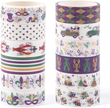 Mardi Gras Washi Tape - 12 Rolls Waterproof Residue Free Adhesive with Masks Crowns Beads in Traditional Purple Green Gold for Scrapbook, Gift Wrapping, Journal Decor, Party Supplies