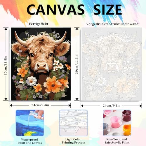 4 Pack Highland Cow Framed Paint by Numbers Kit for Adults, 10x12 inch