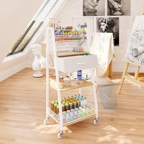 Homsorout 3 Tier Rolling Cart - Metal Utility Cart with Storage Drawer and Wheels, Versatile Art & Craft Organizer for Home, Office, or Studio - Ideal for Storing Brushes, Paints, and Supplies（Maple）