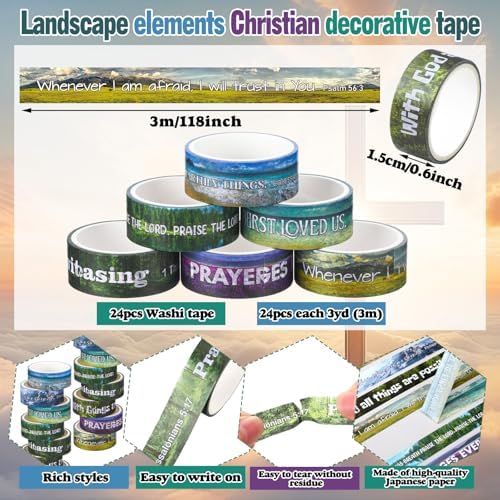 24 Rolls Christian Washi Tape Gifts for Bible Journaling, Scenery