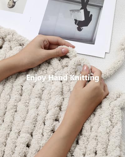 Cozyful Chunky Yarn for Hand Knitting, #9 Thick Jumbo Big Chunky Yarn for Crocheting, Super Chunky Knit Blanket Yarns, Large Chunky Chenille Yarns, 8 Pack (30 yds 8 oz Each Skein), Beige White