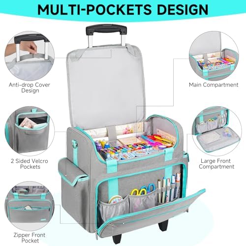 Rolling Craft Bag, Craft Bag with Wheels for Scrapbook Supplies, Large Scrapbook Tote with 15.6'' Laptop Sleeve, Rolling Art Supply Storage for Scrapbooking Tools, Gray