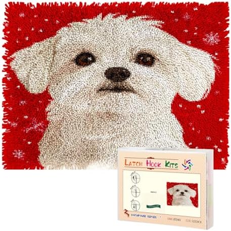 Latch Hook Rug Kit for Adults Merry Christmas Maltese Dog Pre-Printed Handmade Carpet Crochet Yarn Craft DIY Hook and Latch Door Mat Tapestry Home Floor Decoration 52x38cm(12)