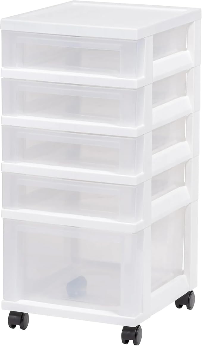 IRIS USA 5-Drawer Rolling Storage Cart with Organizer Top, White/Clear