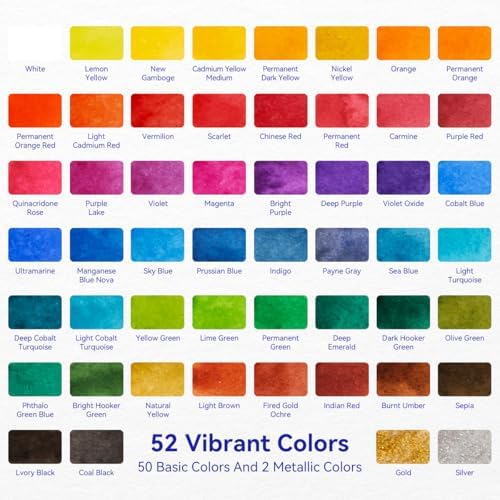 52 Colors Watercolor Paint Set for Adults, Vibrant Travel Water Colors Kit with Metallic Shades, Includes Brush, Pencil, Sponge, 5 Watercolor Papers & Black Pen, Portable Blue Case