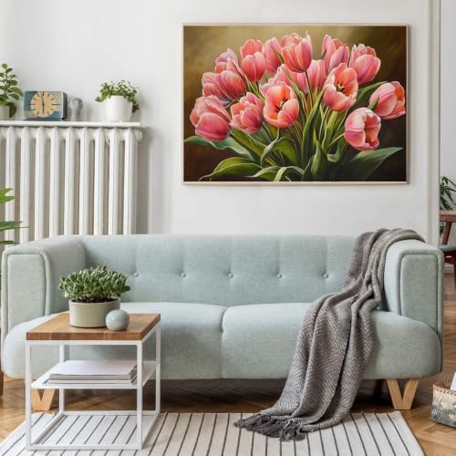 Artunion Pink Tulip Flower Paint by Numbers Kit for Adults,Pink Flower Paint by Number Kits, DIY Oil Painting Paint by Number Kits on Canvas Arts Craft for Home Wall Decor 16x20 Inch