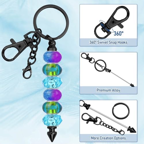 ROADPLUM 12 Pcs Beadable Keychain Bar, Black Beaded Key chain for Pendant DIY, Alloy Blank Accessories Bulk for Keychain Making Supplies Jewelry Making Gift
