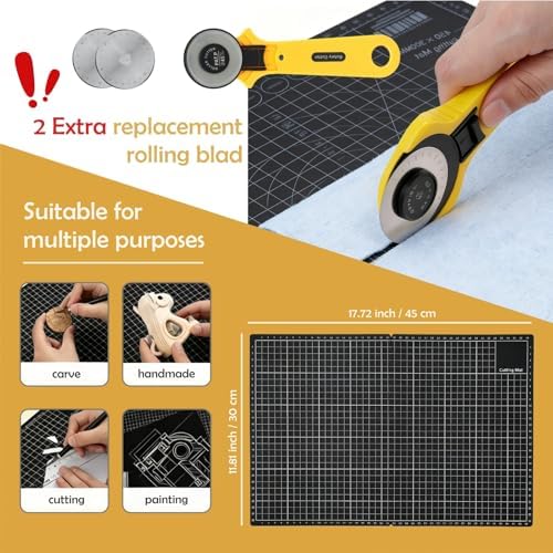 Rotary Cutter Set - 45mm Fabric Cutter with A3 Self-Healing Cutting Mat, 2 Extra Blades, Acrylic Sewing Rulers, Sewing Scissors, Craft Knife - Complete Kit for Sewing, Quilting, Patchwork, Crafting