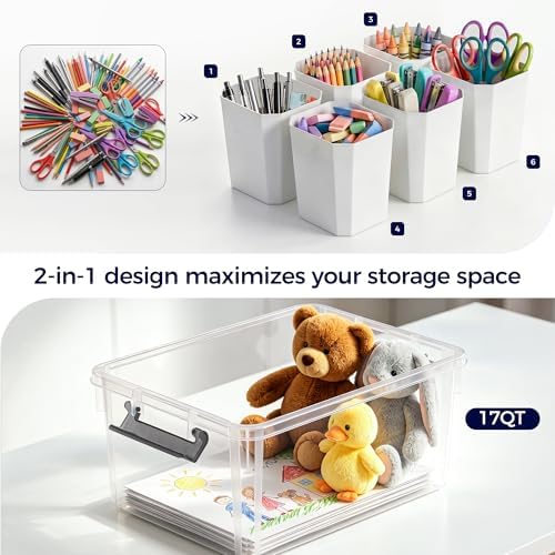 17 Qt Craft Organizers and Storage with Removable Divider, Marker Organizer for Crayons, Pencils & Art Supply, 2 Packs