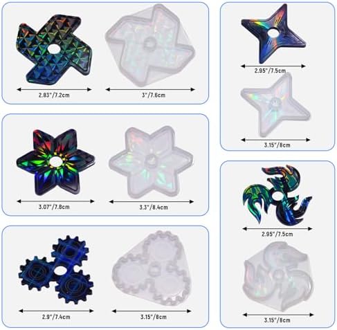 NiArt Fidget Spinner Epoxy Resin Molds Set, 5 Holographic Silicone DIY Kit | Rainbow Texture, 15 Bearings & Caps, Storage Box For Casting Craft Projects, Stress Relief Toys