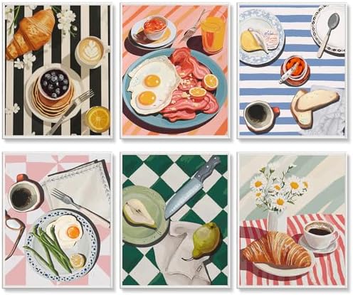6 Pack Paint by Numbers Kit for Adults, Breakfast Painting, 8x10 Inch | DIY Adult Paint by Number Kits on Canvas for Beginners, without Frame, Kitchen Wall Decor, Stress Relief Craft Gift