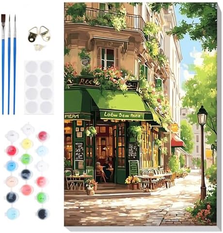 Bowetile Framed Street Cafe Paint by Numbers Kit for Adults, Adults' Paint-by-Number Kits on Canvas, Painting by Numbers Spring, DIY Acrylic Number Painting for Home Wall Decor, 8x12in