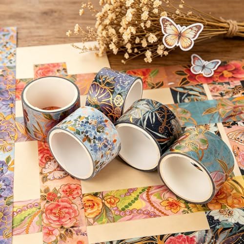 Flowers Washi Tape, 10 Rolls Aesthetic Decorative Foil Masking Tape Set with Gift Box, Decorative Tape for Bullet Journal, DIY Craft, Scrapbook Supplies