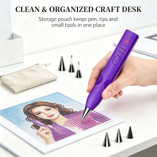 MKLAYB Electric Diamond Drawing Pen Kit, 3 Adjustable Suction Modes Rechargeable Vacuum Diamond Art Diamond Pen with 4 Replacement Heads, No Wax Required 5D Diamond Drawing Tool Accessories (Purple)