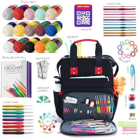 Crochet Kit for Beginners Adults and Kids - Beginner Crochet Kit for Adults with Step-by-Step Video Tutorials, Amigurumi and Crocheting Kit, Crochet Starter Kit with Beginner Yarn and Crochet Backpack