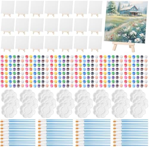 Qilery 24 Set 8 x 8 Inch Canvas Boards and Easel for Painting, Acrylic Paint Strips, Brushes, Palettes, Art Painting Kits for Artists Beginners Oil Acrylic Craft Party Favors