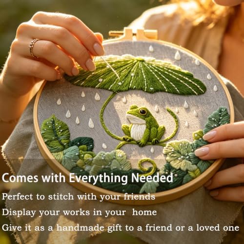 FONNUY Embroidery Kit for Beginners - Frog Under Lotus Leaf DIY Cross Stitch Set, Pre-Printed Fabric with 8’’ Hoop, Cute Rainy Day Art Craft for Adults, Home Decor & Handmade Gift (Green 03)