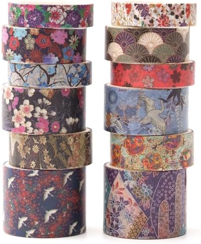 12 Rolls Kyoto Charm Washi Tape Set Japanese Arts Adhesive Tapes Geometric Garden Decorative Masking Tape Sets for Craft, Kids, Scrapbook, DIY, Gift Wrapping (Purple Sakura)