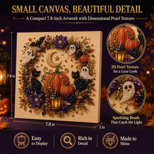Halloween Pearl Art Kit for Adults 3D Diamond Painting DIY Craft Bead Mosaic with Ghost Pumpkin Witch Raven Skull Cow Design Options for Spooky Seasonal Home Decor and Creative Holiday Activity