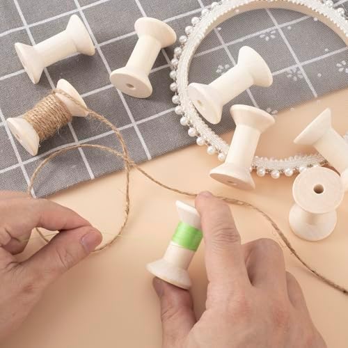 Pndeyo 8pcs Wooden Spools of Crafts, 2in Empty Natural Wood Thread Spools, Unfinished Wooden Textile Bobbin for Organizing Cord Twine Ribbon Chains Elastic Threads