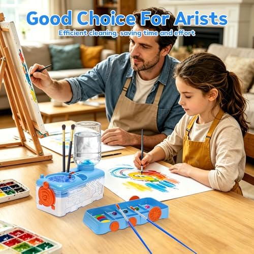 Paint Brush Cleaner with Water Circulation, Upgraded Abs Paintbrush Rinser with 9-Well Palette, 9 Brush Holders, Portable Leak-Proof Art Supplies Rinsing Station Washer for Beginners Artists